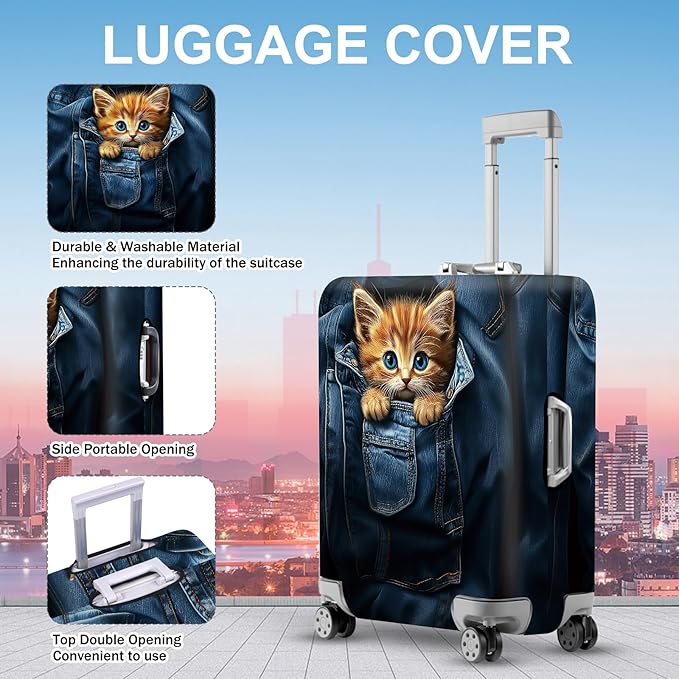ANNA QUEEN Cute Kitten in Pocket Luggage Cover, Funny Cat Suitcase Protector with Denim Print, Stretchable & Washable Spandex Travel Cover for 32-34 Inch Luggage