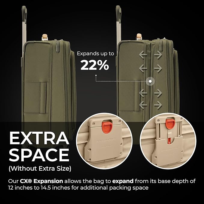 Briggs & Riley 26" Medium Expandable Spinner - Checked Luggage for Travel, Suitcases with Wheels, Softside Rolling Bag for Men & Women, Self-Repairing Zipper - Baseline Collection, Olive