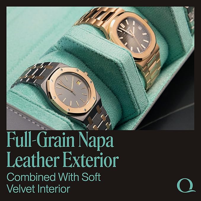 Napa Leather Watch Rolls for Men - Hexagon Triple Watch Roll Travel Case 3 Watches - Storage Organizer Genuine Leather with Velvet Interior Display (Gray/Turquoise)