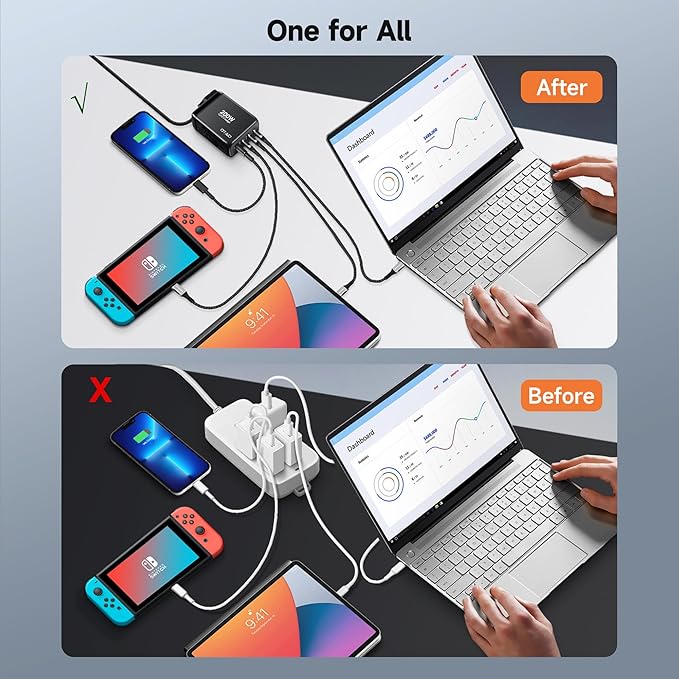200W USB C Charger Block, 4 Ports GaN Fast Charging Station Wall Charger, PD3.0 PPS 100W QC3.0 65W Power Station Travel Adapter with AC Cord UK/EU Plug for MacBook Pro/Ai/iPhone 15/14/13/ S24