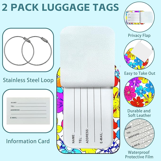 2 Pack Cute Luggage Tag for Suitcases Beautiful Bright Flowers Leather Luggage Tags with Stainless Steel Loop Privacy Flap Name Tags,Men and Women Travel Bag Suitcase Tags