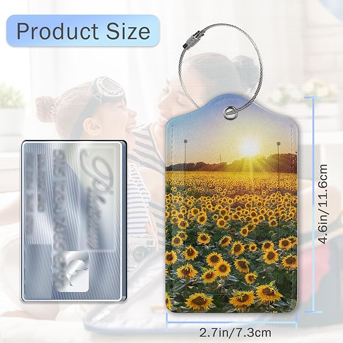 Luggage Tags for Suitcase,Field Sunflowers Sunset Luggage Tags of Set 2 Leather Identifiers Privacy Cover with Stainless Steel Loop for Women Men Travel Bag Suitcase