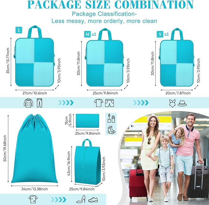 8 Set Compression Packing Cubes Travel, Lightweight Expandable Travel Cubes Suitcase Organizer for Carry On Luggage Suitcase, Turquoise