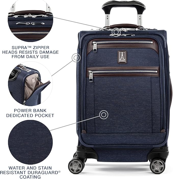 Travelpro Platinum Elite Softside Expandable Carry on Luggage, 8 Wheel Spinner Suitcase, USB Port, Laptop and Tablet Sleeves, Men and Women, True Navy Blue, Carry On 20-Inch