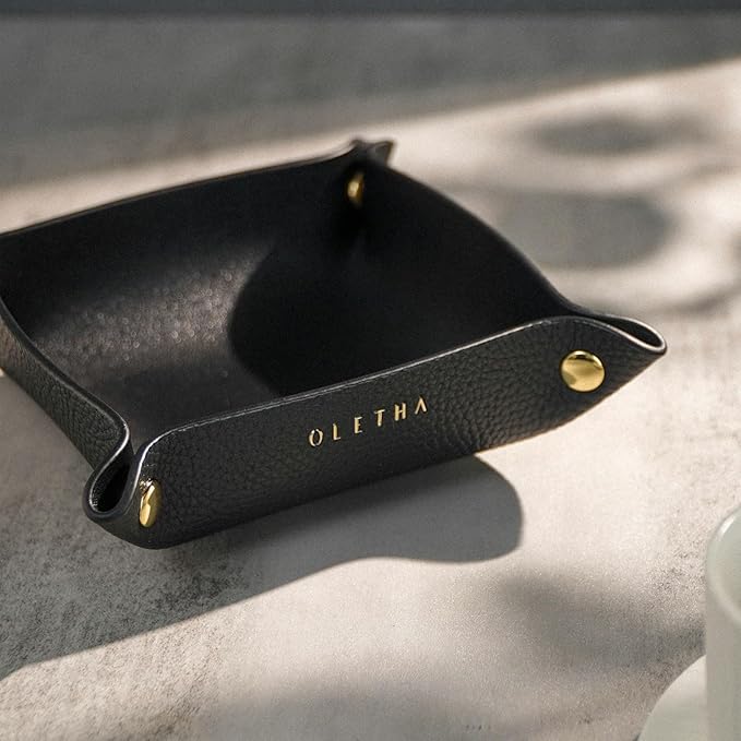 OLETHA Small Foldable Valet Tray - Aesthetic Desk Organizer for Home, Office & Travel - Portable Catch All Bowl for Keys, Jewelry & Essentials - Black