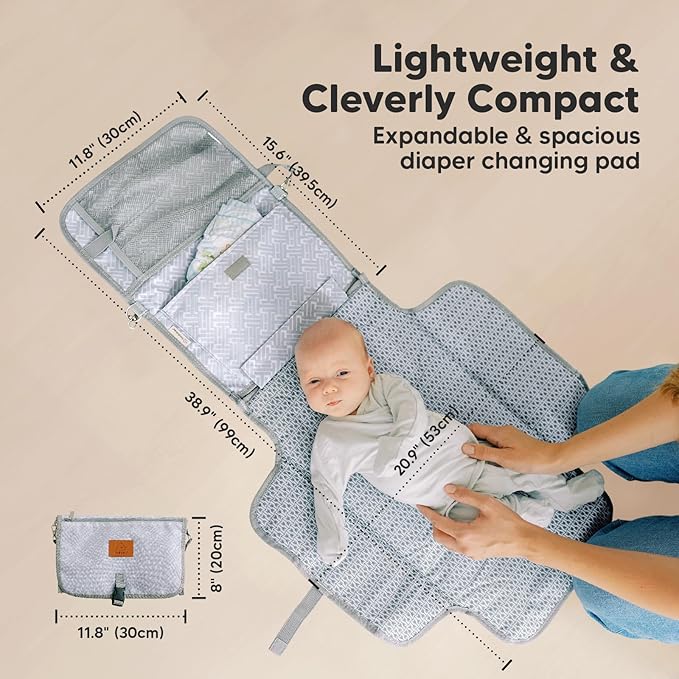 KeaBabies Portable Diaper Changing Pad - Large Waterproof Baby Changing Mat, Compact Travel Diaper Clutch, Functional Pockets Fit Newborn Essentials, Wipeable & Padded Baby Changer (Gray Mod)