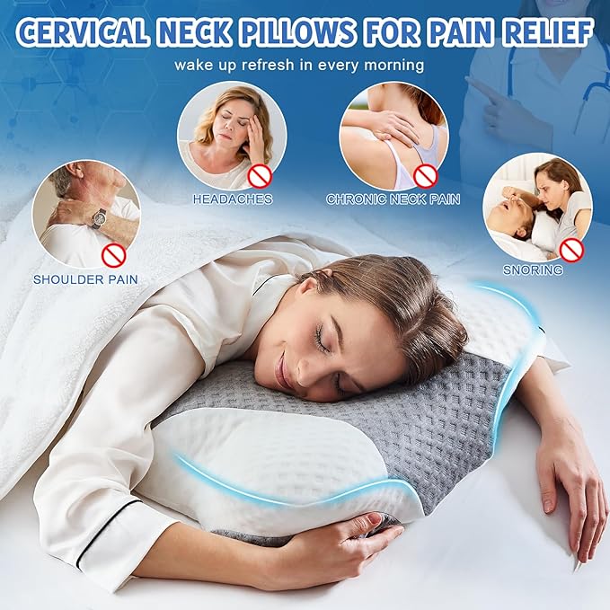 Cervical Neck Pillows for Side Sleeper - Memory Foam Neck Pillows for Pain Relief Contour Ergonomic Neck Support - Adjustable Orthopedic Bed Pillows with Breathable Pillowcase Queen Size