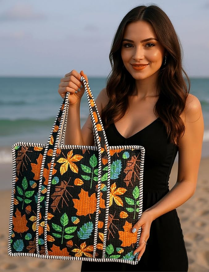 Cotton Quilted Tote Bag for Women – Large Beach & Travel Tote with Zipper, Reusable Grocery Bag