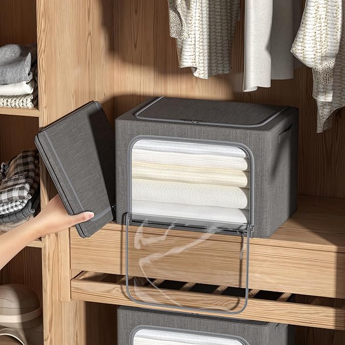 4 Pack Clothes Storage Bins with Metal Frame - Linen Fabric Foldable Stackable Container Organizer Set with Clear Window & Carry Handles & Zippers (Dark Gray, 23.6"x16.5"x15.7")