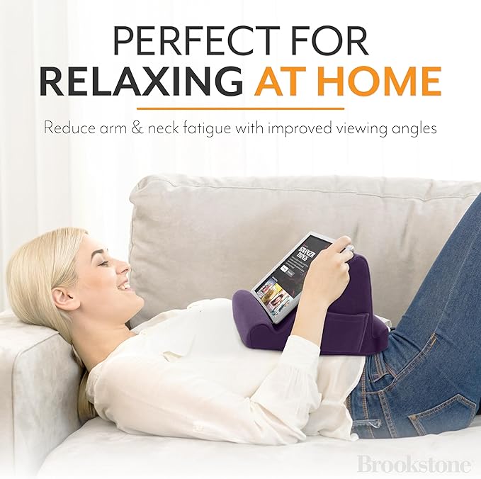 Brookstone, Memory Foam Lap Desk Tablet Holder, Holds Phones, iPads, E-Book Readers, 2 Viewing Angles, 2 Side Pockets for Accessories, Book Holder Cushion, Perfect Home, Car Travel Flights, Purple