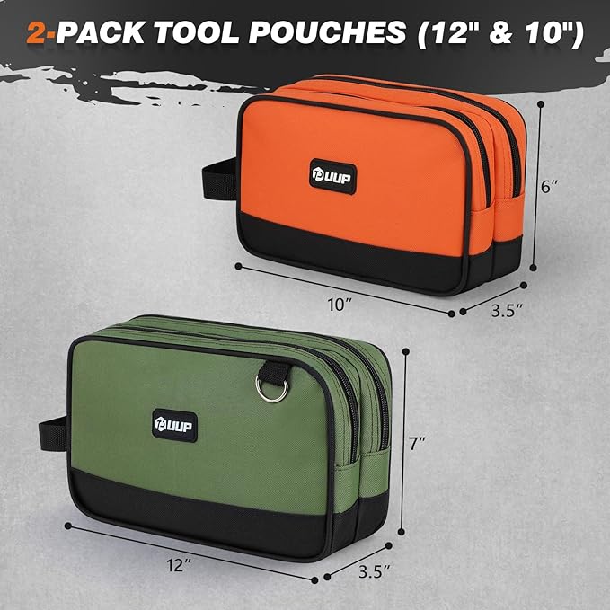 Small Tool Bag 2 Pack, Zipper Tool Pouch Two Compartments, 10 12 inch Utility ToolBag with Carrying Handle, Toolbox Storage Organizer for Electrician Mechanic, Gift for Men Dad, Orange/Green