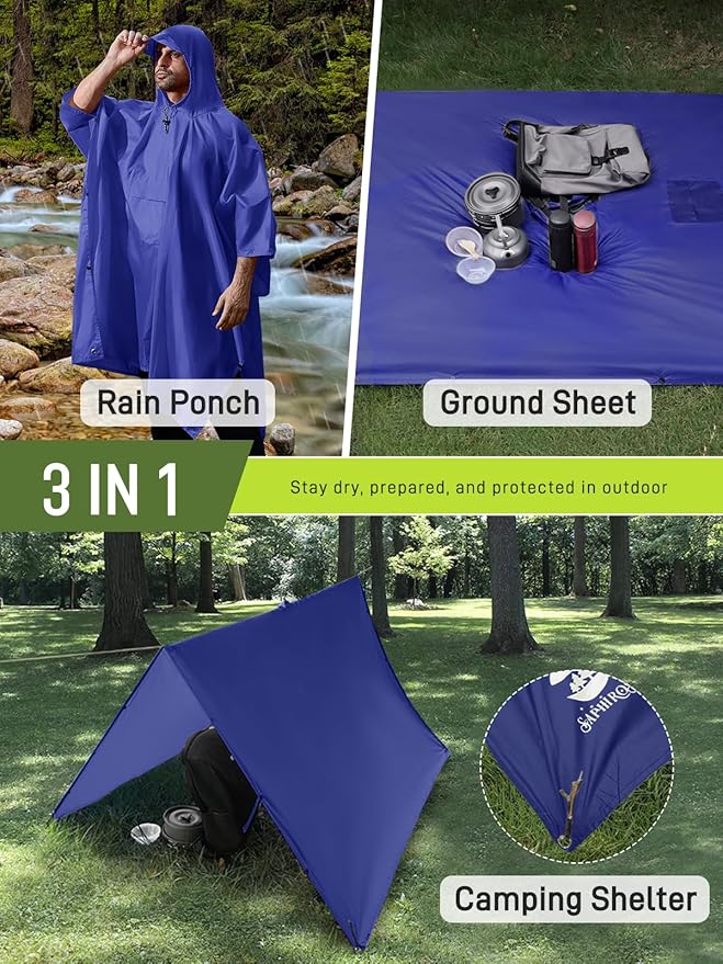 SaphiRose Extra Thick Hooded Rain Poncho Double Layer Waterproof Raincoat Jacket for Men Women Adults