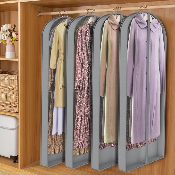 Zilink Luxury Breathable Fur Coat Storage Bags 60" Dress Bags for Gowns Long Mink Coat Garment Bag with 4" Gussted Wrinkle Free for Leather Jacket Fur Coats Puffy Dress Storage, Set of 4