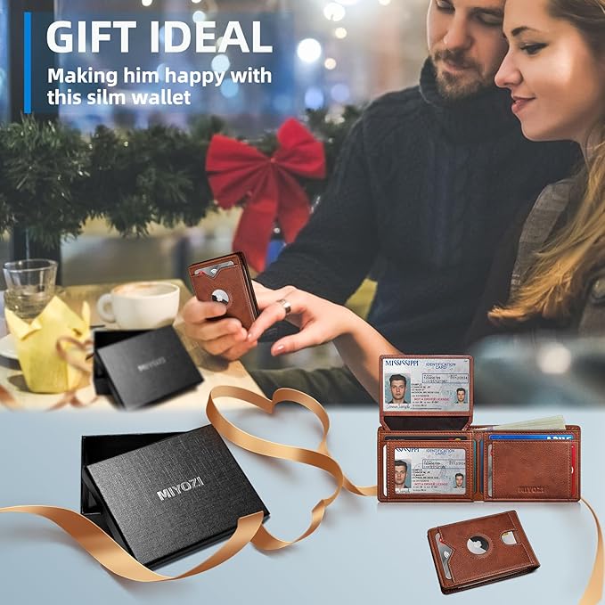 Airtag Wallet for Men,with Cash Pocket 2 ID Window 13 Cards,Slim Leather Wallet Front Pocket Card Holder RFID Blocking with Gift Box