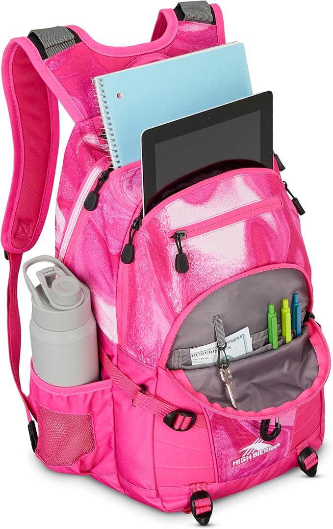 High Sierra Loop-Backpack, School, Travel, or Work Bookbag with tablet-sleeve, Flamingo Marble Swirl, One Size