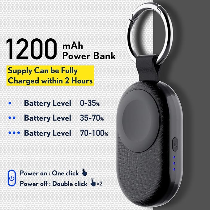 PZOZ Portable Apple Watch Wireless Travel Charger, 1200mAh Power Bank iWatch Fast Charging with Car Keychain, Adapter Compatible with Series Ultra 10 9 8 7 6 5 4 3 2 SE (Black)