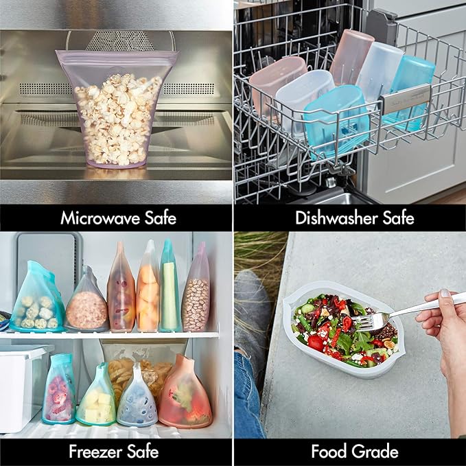 Zip Top Reusable Food Storage Bags | Small Dish [Frost] | Silicone Meal Prep Container | Microwave, Dishwasher and Freezer Safe | Made in the USA