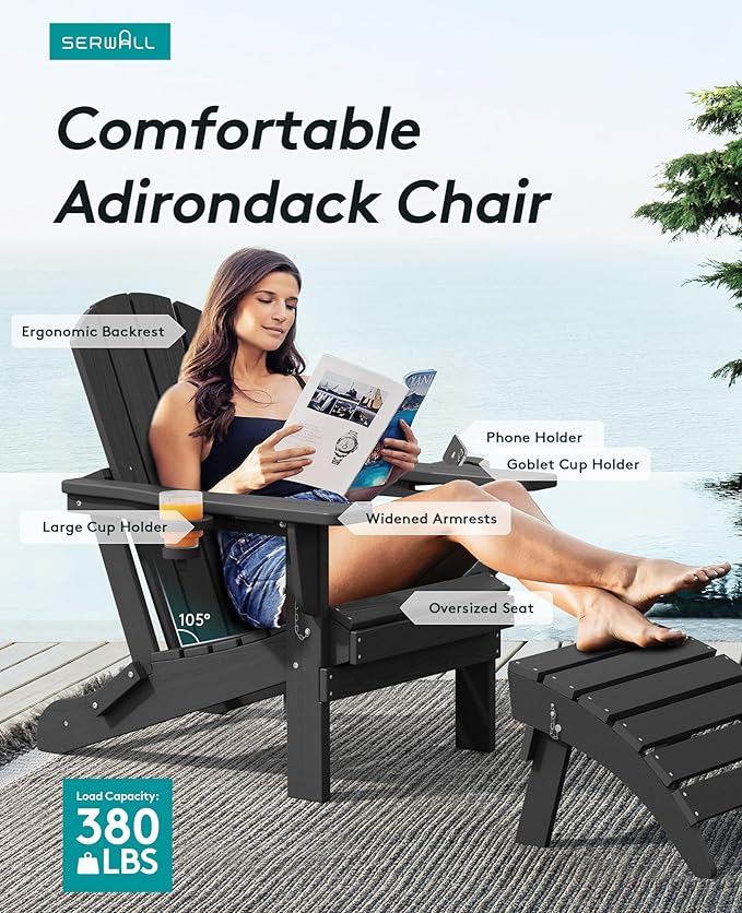 SERWALL HDPE Folding Adirondack Chair with Dual Cup Holder - Composite Adirondack Chair Set of 8- Black