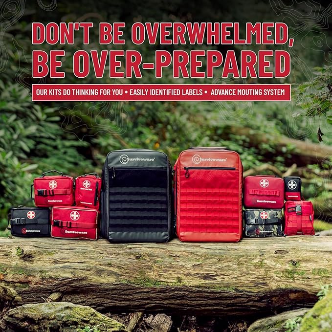 Surviveware Waterproof Premium Survival First Aid Kit - Survival Emergency Preparedness for Travel Camping Gear, Survival Kit and Outdoor Emergencies - Survival Kit - FSA, HSA Eligible 184 Pcs