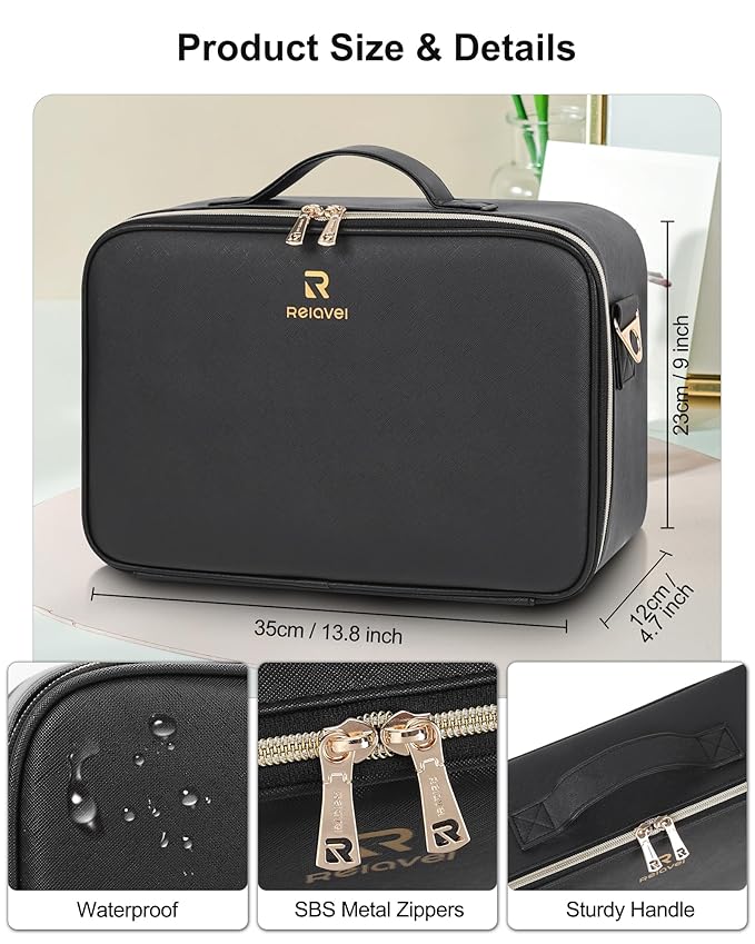 Relavel Makeup Train Case With LED Mirror, Professional Travel Cosmetic Bag with Removable Partitions,Compact Makeup Organizer, Waterproof Toiletry Case for Women, Black