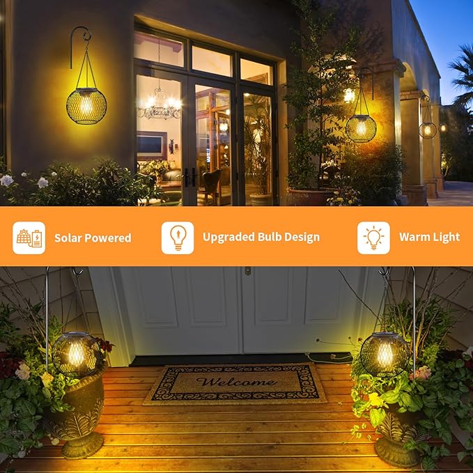 UBright Solar Lanterns Lights Outdoor Waterproof Metal Hanging Solar Powered Lights for Outside Decorative Lanterns for Garden Yard Patio Pathway, 2 Pack