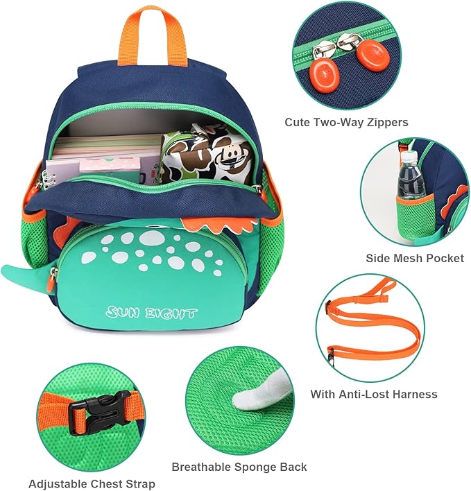 SUN EIGHT Toddler Backpack for Girls Kids Backpack Cute 3D Cartoon School Bag for Baby Boy Girls 1-5 Years Baby Backpack (Dinosaur)