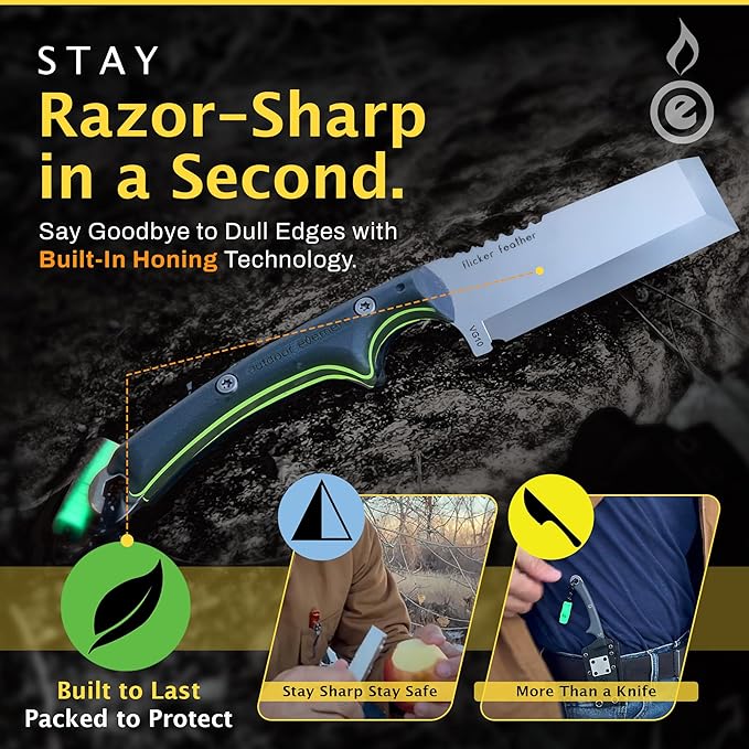 OUTDOOR ELEMENT Flicker Feather Knife Wise Owl GLOW - Right-Handed Survival Chisel Blade for Camping, Hunting, Culinary Knives & Bushcraft - Fixed Blade with Sheath, Firestarter and Emergency Whistle