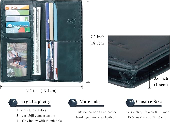 VISOUL Mens Checkbook Leather Wallets Long Bifold Wallets for Men Suit Wallet with 3 Cash Compartments 12 Credit Card Slots (Dark Blue)