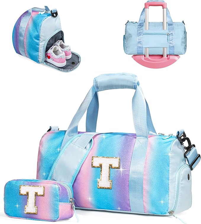 Easter Gifts for Teens Girls-Girl Gym Bag with Shoe Compartment, Kid Personalized Weekender Overnight Bags, Initial Travel Tote with Makeup Pouch, Gift for 3 4 5 6 7 Year Old Kids (Letter T)