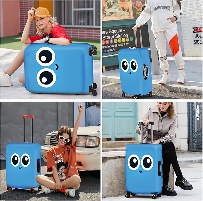 ANNA QUEEN Cute Smiley Face Luggage Cover, Blue Cartoon Suitcase Protector with Big Eyes Design, Stretchable, Washable Travel Cover for 24-26 Inch Luggage
