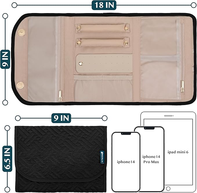 Pavilia Foldable Jewelry Organizer - Travel Roll Bag with Compartments for Earrings, Rings, Necklaces, Bracelets - Packing Accessory