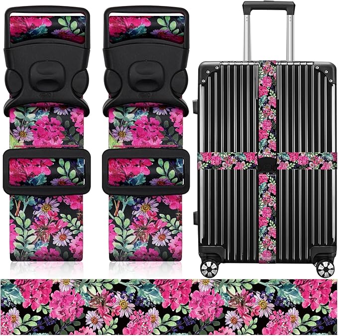 2 Pack Luggage Straps for Suitcases, Adjustable Travel Belt with Double Lock and Quick Release Buckle, Heavy Duty Nylon Bag Packing Strap, Bright Identifiers Business Travel Accessories-Pink Flowers