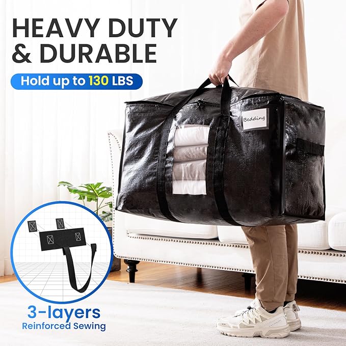 TAILI Extra Large Moving Bags, 12 Pack Black Heavy Duty Totes For Storage with Visible Window, Wrap Around Handles, Storage Bags for Space Saving, Alternative to Moving Boxes