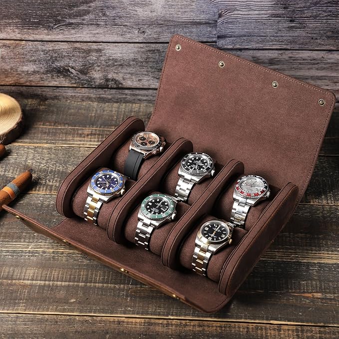Genuine Leather Watch Roll Travel Case,Vintage Full Grain Leather Watch Box with Pillow for Men,Watch Storage Organizer for Home Storage,Travel Watch Organizer Box (6 Slots)