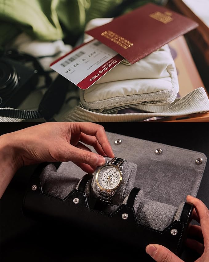 MR.OKAY 3 Watch Travel Case- Classic Leather Watch Case With Perfect Texture.Portable Watch Roll Or Organizer For Storage And Display. Luxury Gifts For Men, All Handmade by Artisans.