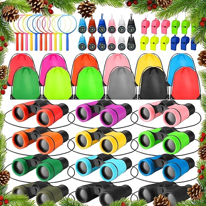12 Set Binocular Compass Magnifying Glass Set Christmas Birthday Gift Small Telescope Binocular with Whistle Bag for Outdoor Exploring Stocking Stuffer(Multiple Color,Classic)