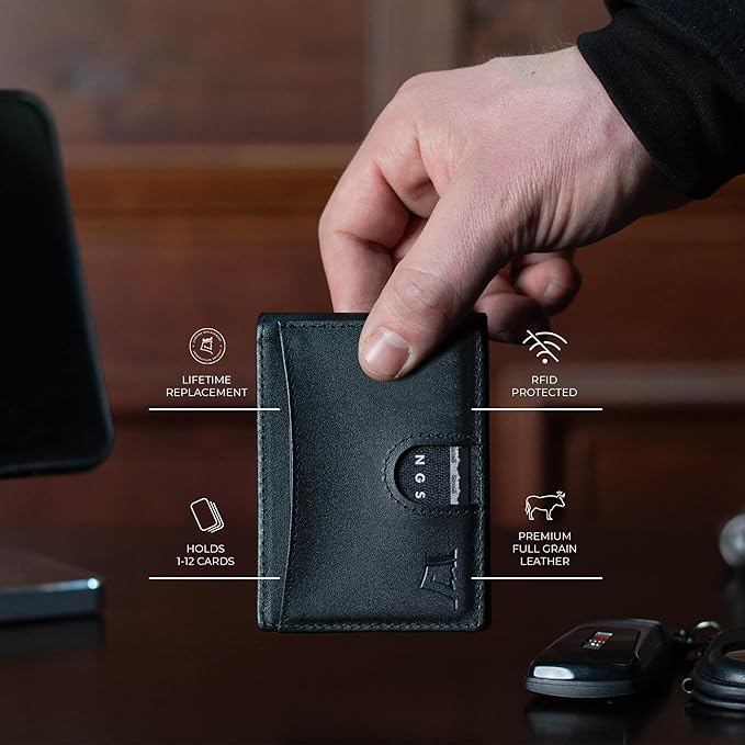 Kings Loot Money Clip Slim Minimalist Wallet for Men | RFID Blocking Leather Design with Money Clip | Front Pocket Bifold Holds 12 Cards | Stylish & Compact Wallets (Black)