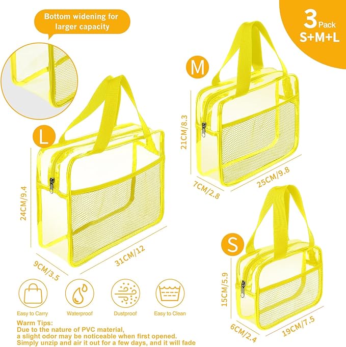 XEWEA Clear Travel Toiletry Bags, 3 Pack TSA Approved Transparent Makeup Bag for Men Women,Large Waterproof PVC Quart Organizer Kit with Zipper for Toiletries Airline Essential,Toy Pouch Yellow