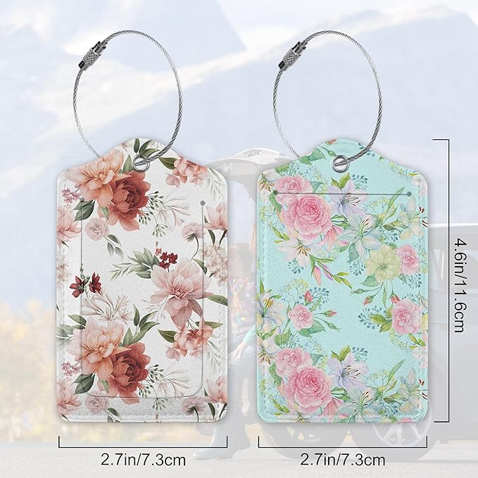 Watercolor Floral Hand Painting Luggage Tags for Suitcases, 2 Pack Cute PU Leather Suitcase Tag Identifiers with Address Card for Baggage Tag