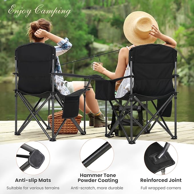 HIGH POINT SPORTS Oversized Camping Folding Chair, Heavy Duty Portable Lawn Chairs, Folding Chairs for Outside with Cup Holder and Cooler Bag for Camp, Travel, Support 450 LBS, 2 Pack, Black