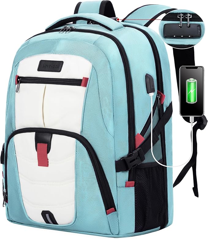LOVEVOOK Travel Laptop Backpack Waterproof Anti Theft Backpack with Lock and USB Charging Port Large Computer Business Backpack for Women College Backpack (17 inch,Paleturquoise & White