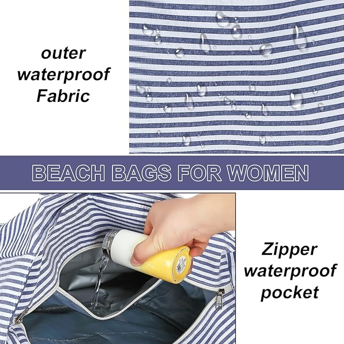 LEDAOU Large Beach Tote Bag Women Waterproof Sandproof Zipper Beach Tote Bag for Pool Gym Grocery Travel with Wet Pocket