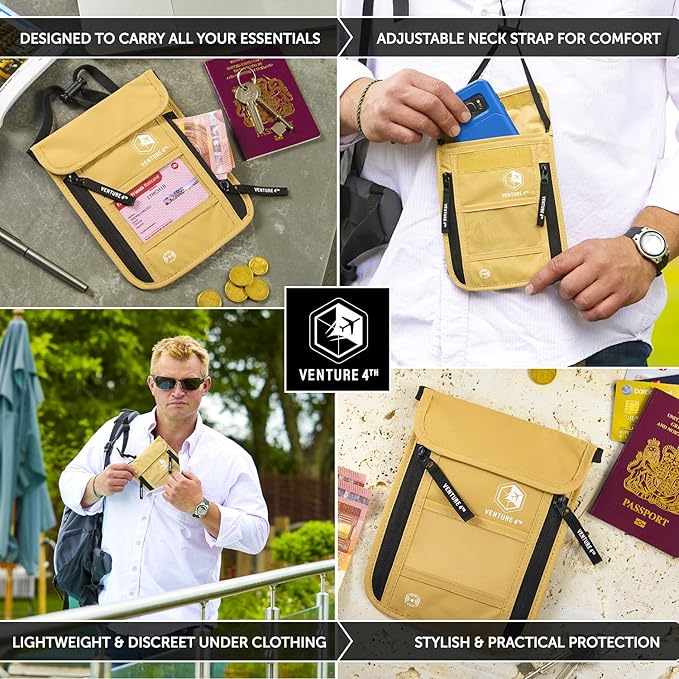 VENTURE 4TH Passport Holder Neck Wallet with RFID Blocking Nylon Lining - Hidden Neck Pouch for Travel (Beige)