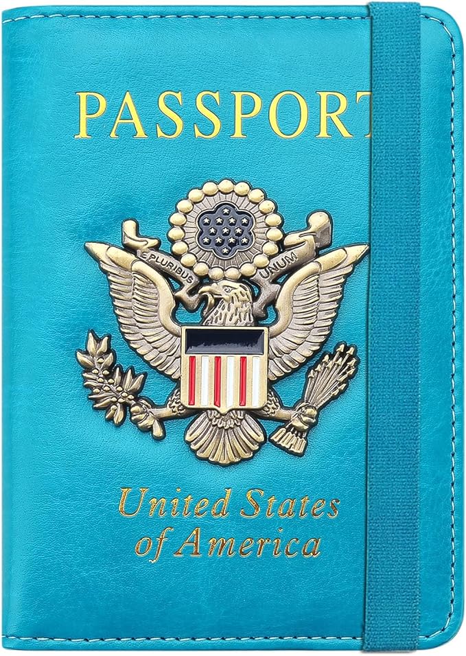 Passport Holder for Travel Passport Cover for Men Passport Wallet Case With 3D Metal Badge Protector Leather Card Case RFID Blocking Women Travel Accessories Document Organizer (Sky Blue)