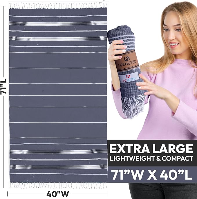 Oversized Sand Resistant Prewashed Turkish Cotton Quick Drying, Compact, Lightweight Beach, Bath, Pool, Gym, Yoga Towel - 40x71