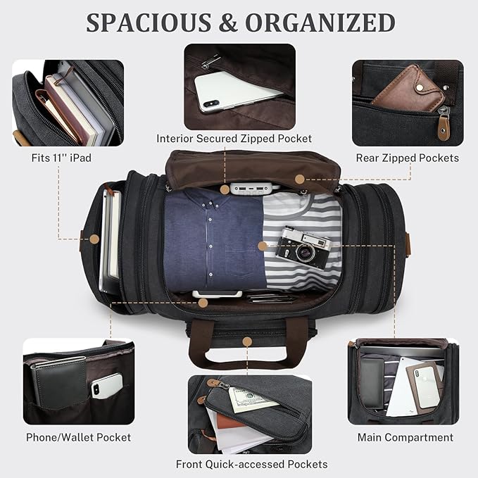 Gonex Canvas Duffle Bag for Travel 60L Expandable Duffel Weekend Overnight Bag men (Dark Gray)