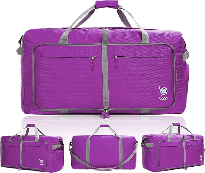 Bago Large Foldable Duffel Bags for Traveling Women & Men - 120L Packable Duffle Bag for Travel with Shoe Compartment - Water Repellant, Heavy Duty, Lightweight Folding & Collapsible (Purple)