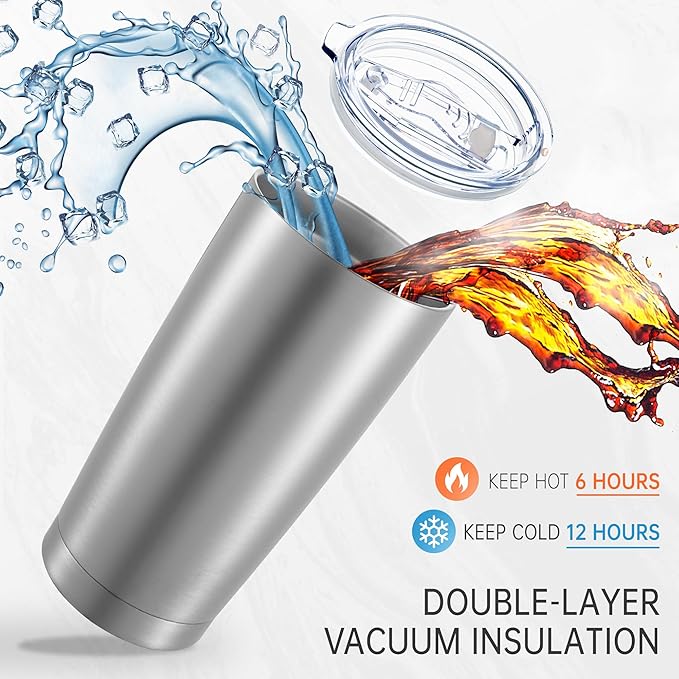 20 oz Tumblers Bulk Stainless Steel Tumbler with Lid Double Wall Vacuum Insulated Coffee Mug 20oz Powder Coated Cup for Hot and Cold Drinks, Stainless, 12 pack