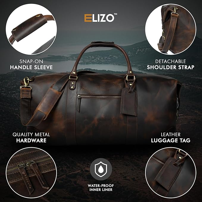 ELIZO Large Leather Duffle Bag For Men Women Big REAL FULL GRAIN Travel Overnight Weekender Carry On Luggage Sports Gym Bags (Walnut 24 Inch) Heritage