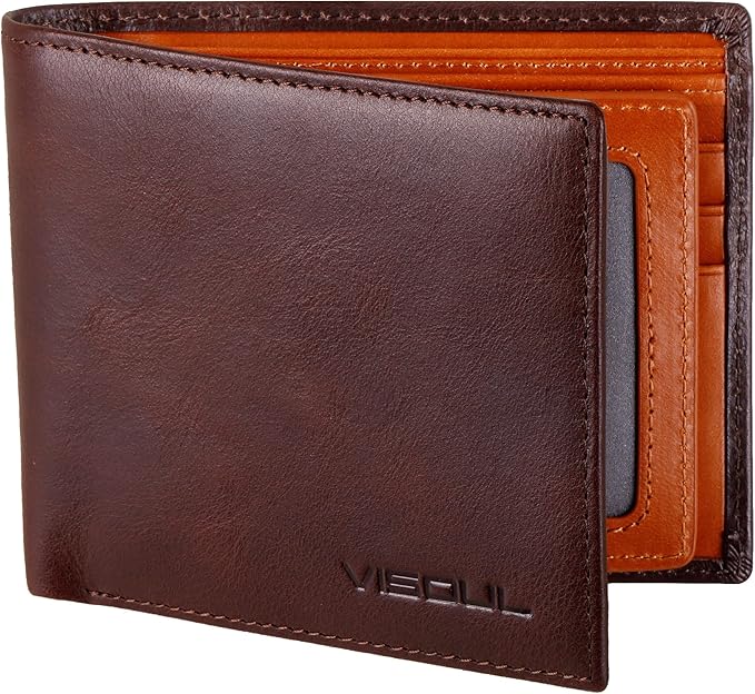 VISOUL Men's Leather RFID Blocking Wallet Extra Capacity, Bifold Security Wallet for men with 2 ID Windows 8 Card Slots 2 Cash Compartments (Coffee and Dark Orange)
